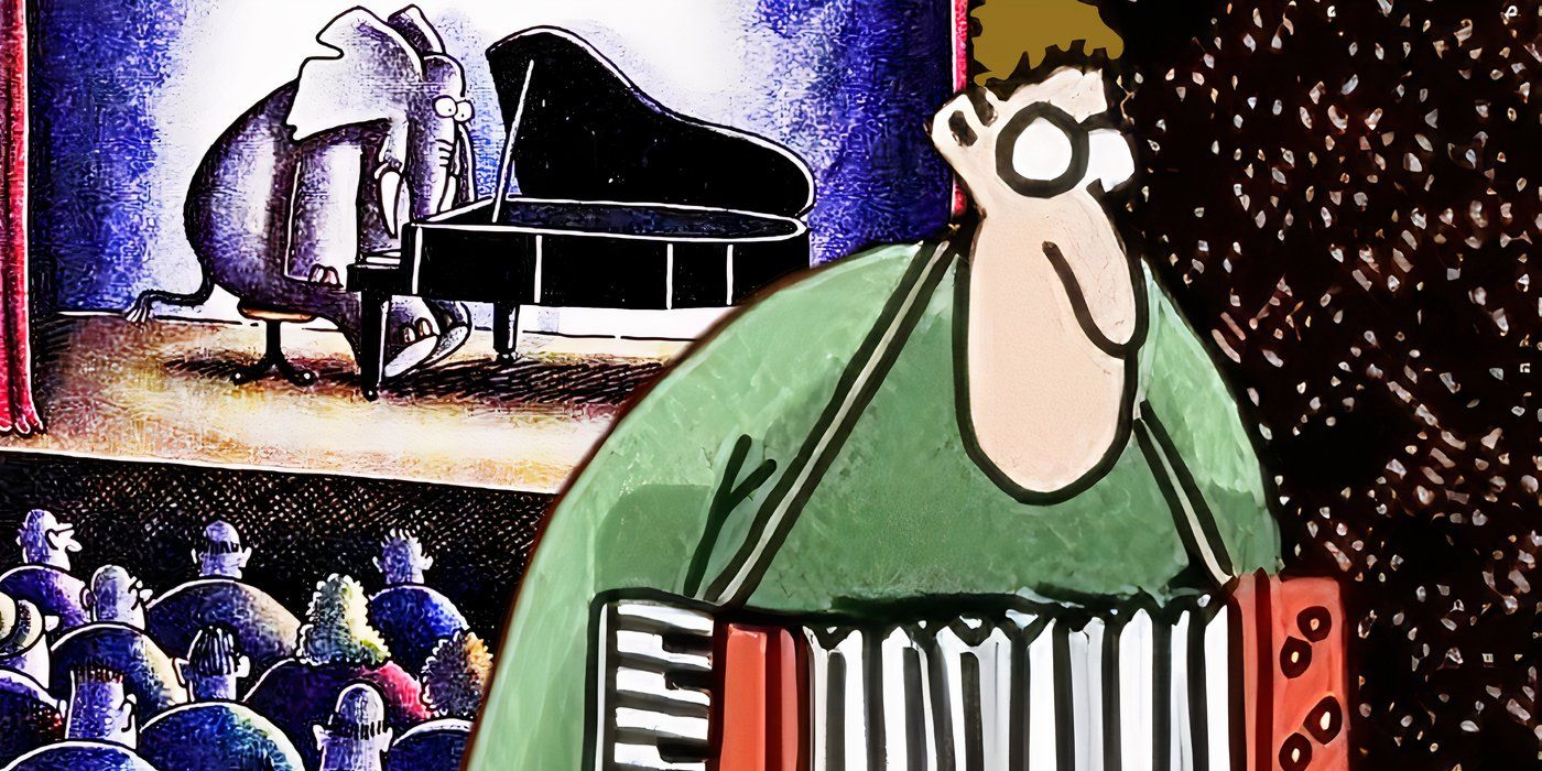 An accordion player with a piano-playing elephant behind him in The Far Side.