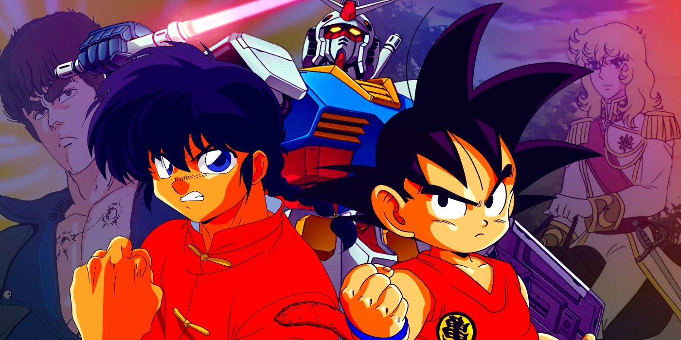 Goku and Ranma standing in front of Gundam RX-78. Behind the three, images from Fist of the North Star and Rose of Versailles can be seen.