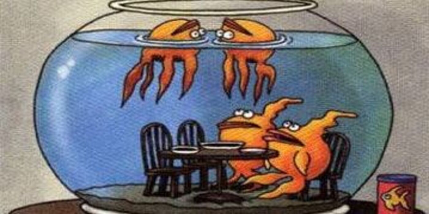 Far Side, guests die from over eating at fish dinner party