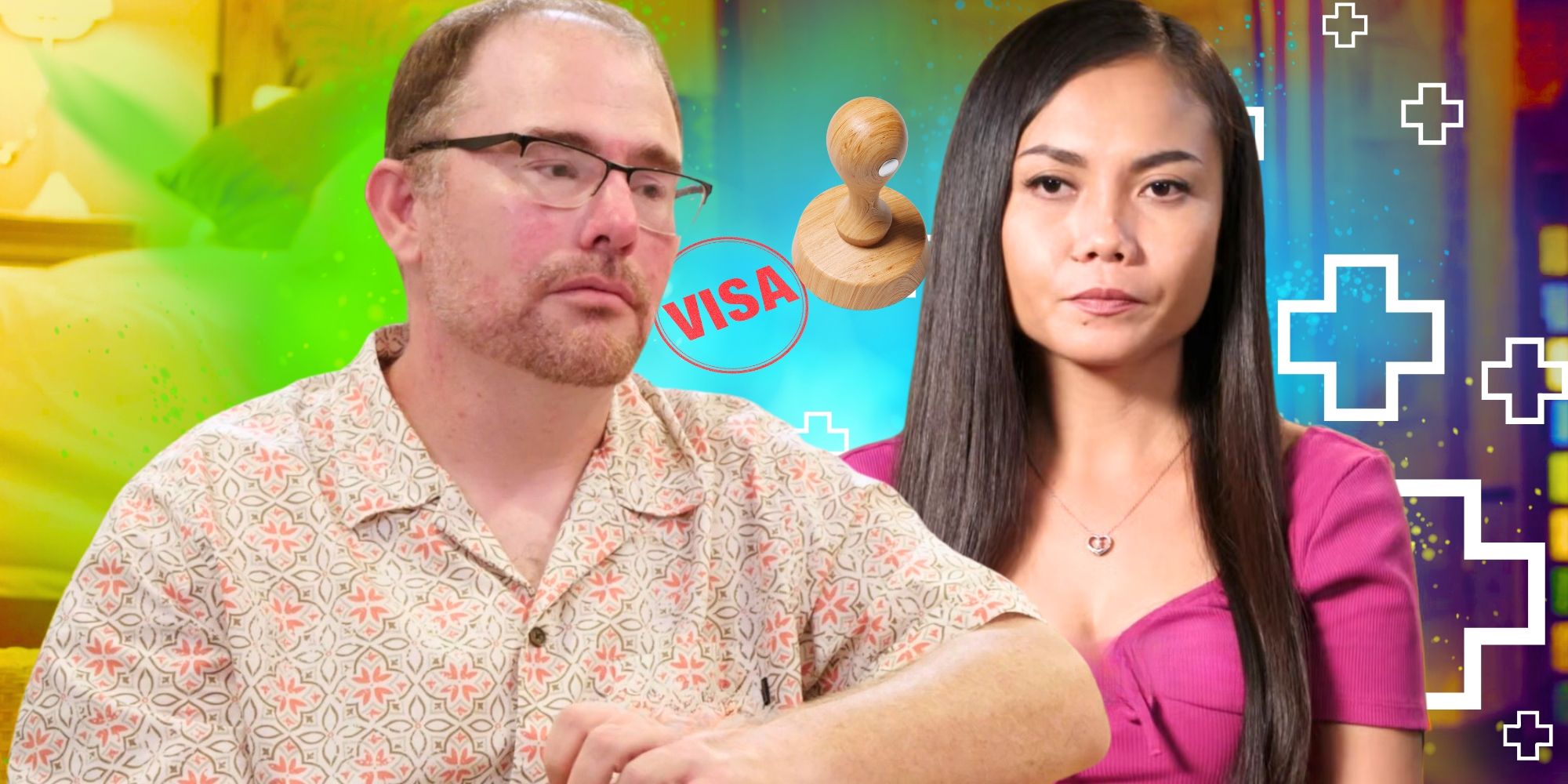 90 Day Fiancé’s David Dangerfield and Sheila with serious expressions and the word "visa" in between them.