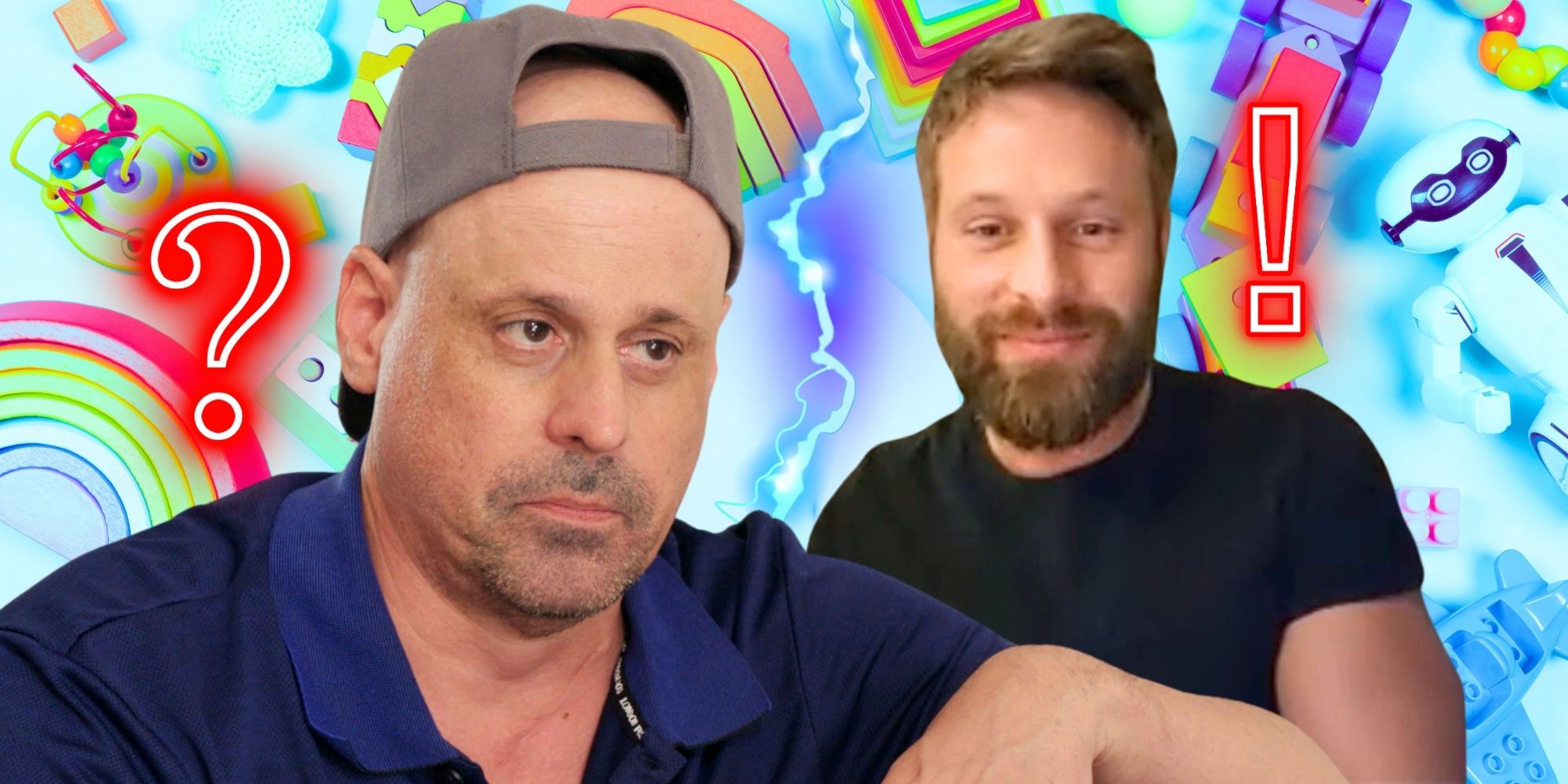 90 Day Fiancé’s Gino Palazzolo and Matt Branis next to a question mark and exclamation point