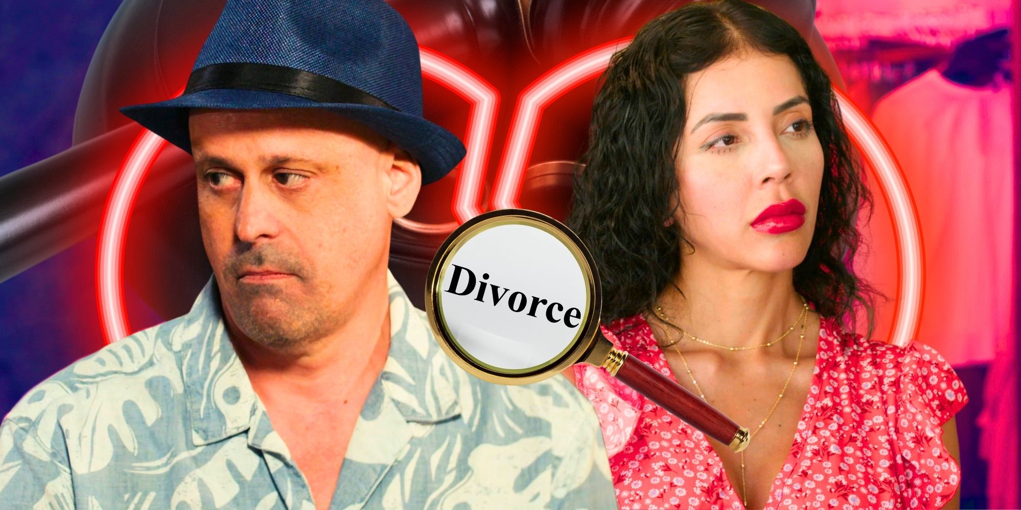 90 Day Fiancé’s Jasmine Pineda and Gino Palazzolo look away from each other with a magnifying glass over the word