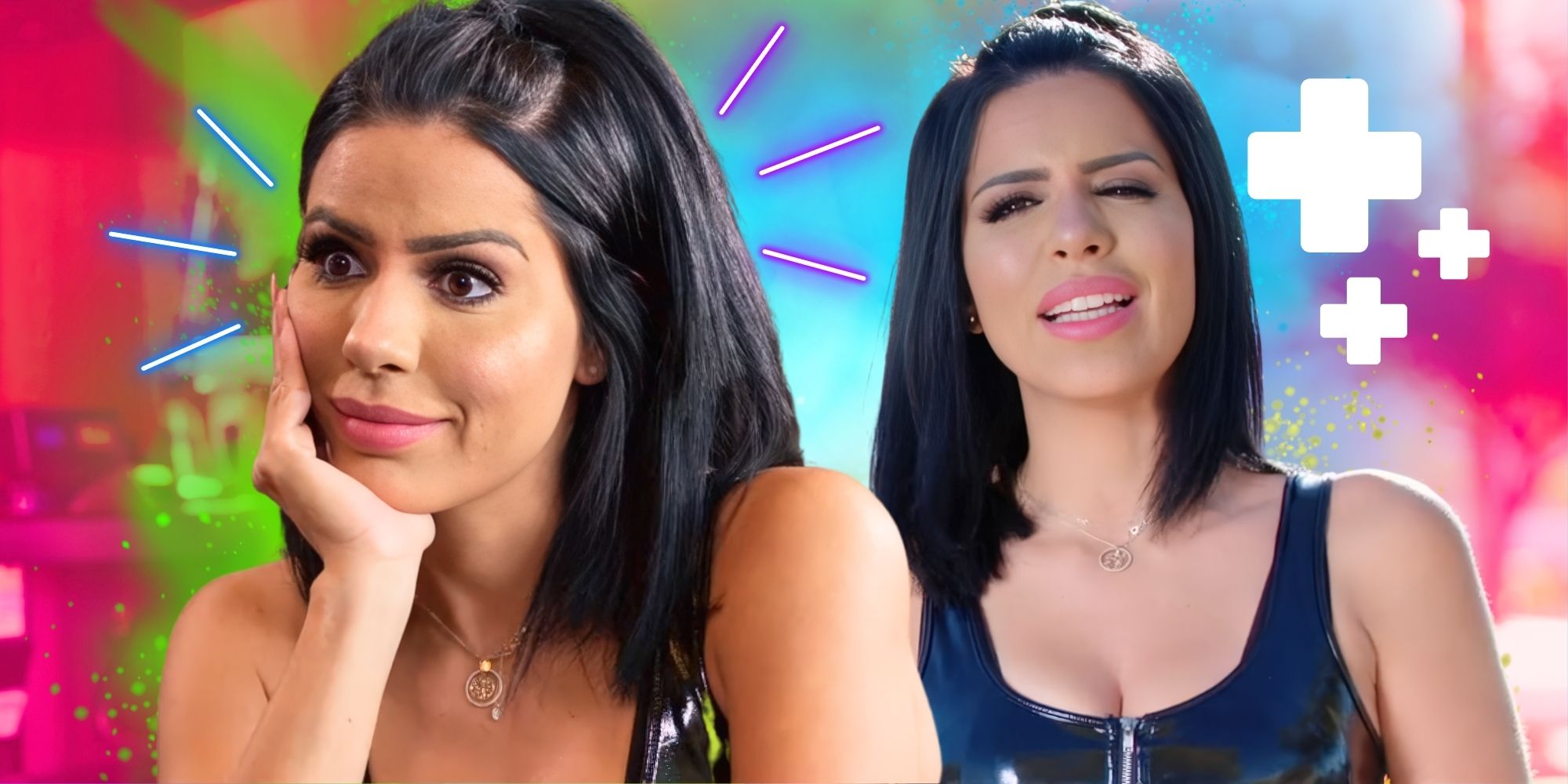90 Day Fiancé’s Larissa Lima in front of plus symbols.