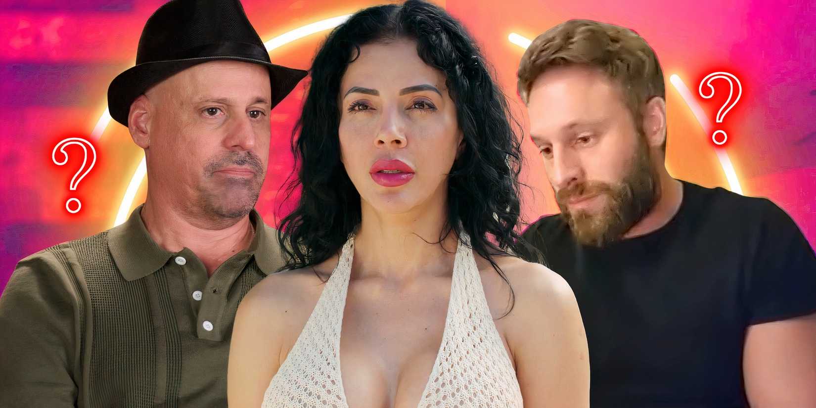 90 Day Fiancé Jasmine Pineda with Gino Palazzolo and Matt Branis on either side with puzzled expressions