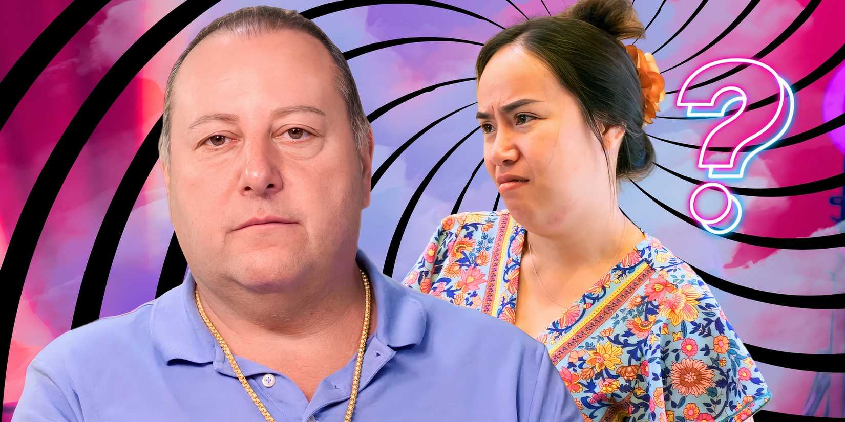 90 Day Fiancé David Toborowsky & Annie Suwan with serious expressions and question mark bg
