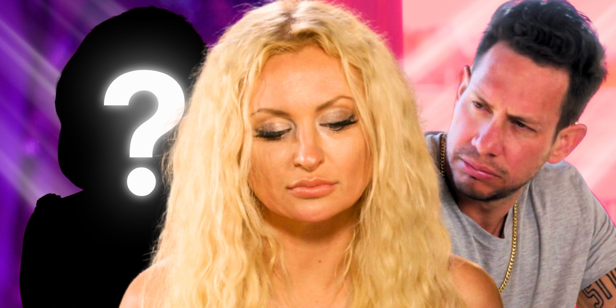 90 Day Fiance Natalie Mordovtseva &amp; Josh Weinstein in side by side images looking upset with mystery figure