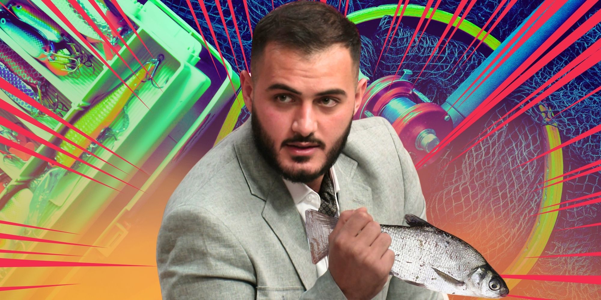 90 Day Fiancé's Adnan Abdelfattah holds a fish, with a tackle box and fishing pole behind him.