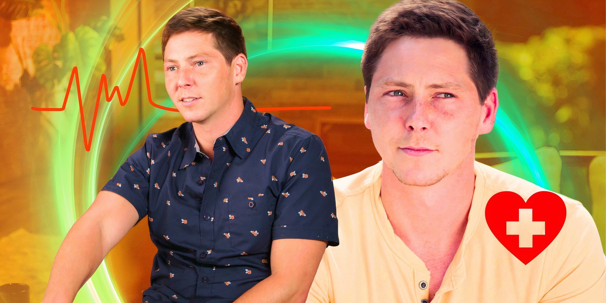 90 day fiance star Brandon Gibbs in a montage in two outfits looking thoughtful with medical symbol