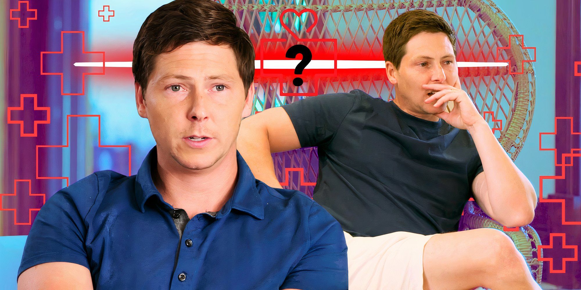 90 day fiance star brandon gibbs smiling and serious in montage with question marks and plus signs