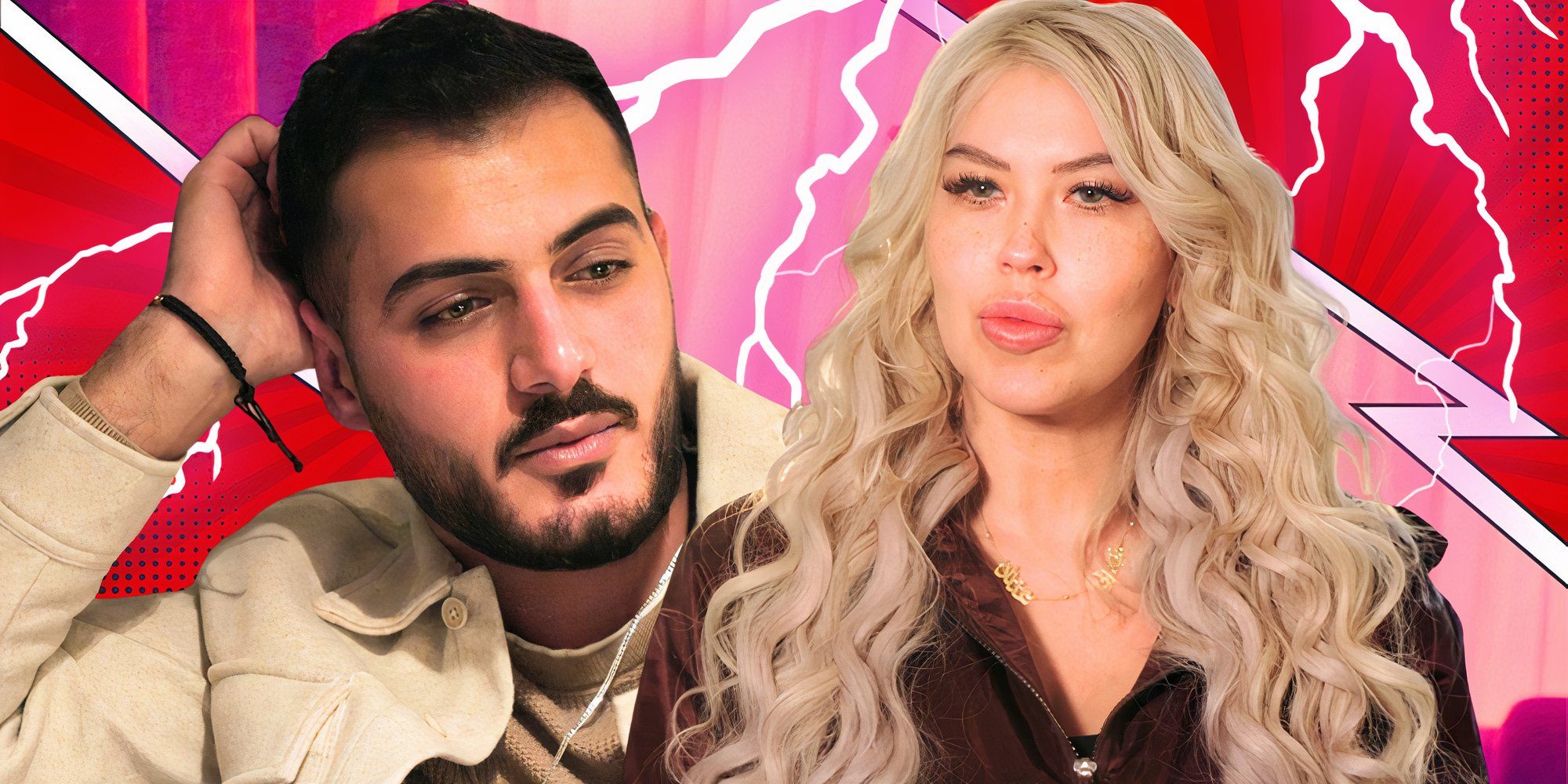 90 Day Fiance stars Adnan Abdelfattah and Tigerlily Taylor in somber montage with pink and red background