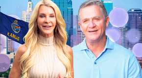 The Golden Bachelorette stars joan vassos and chock chapple in montage with purple and blue background