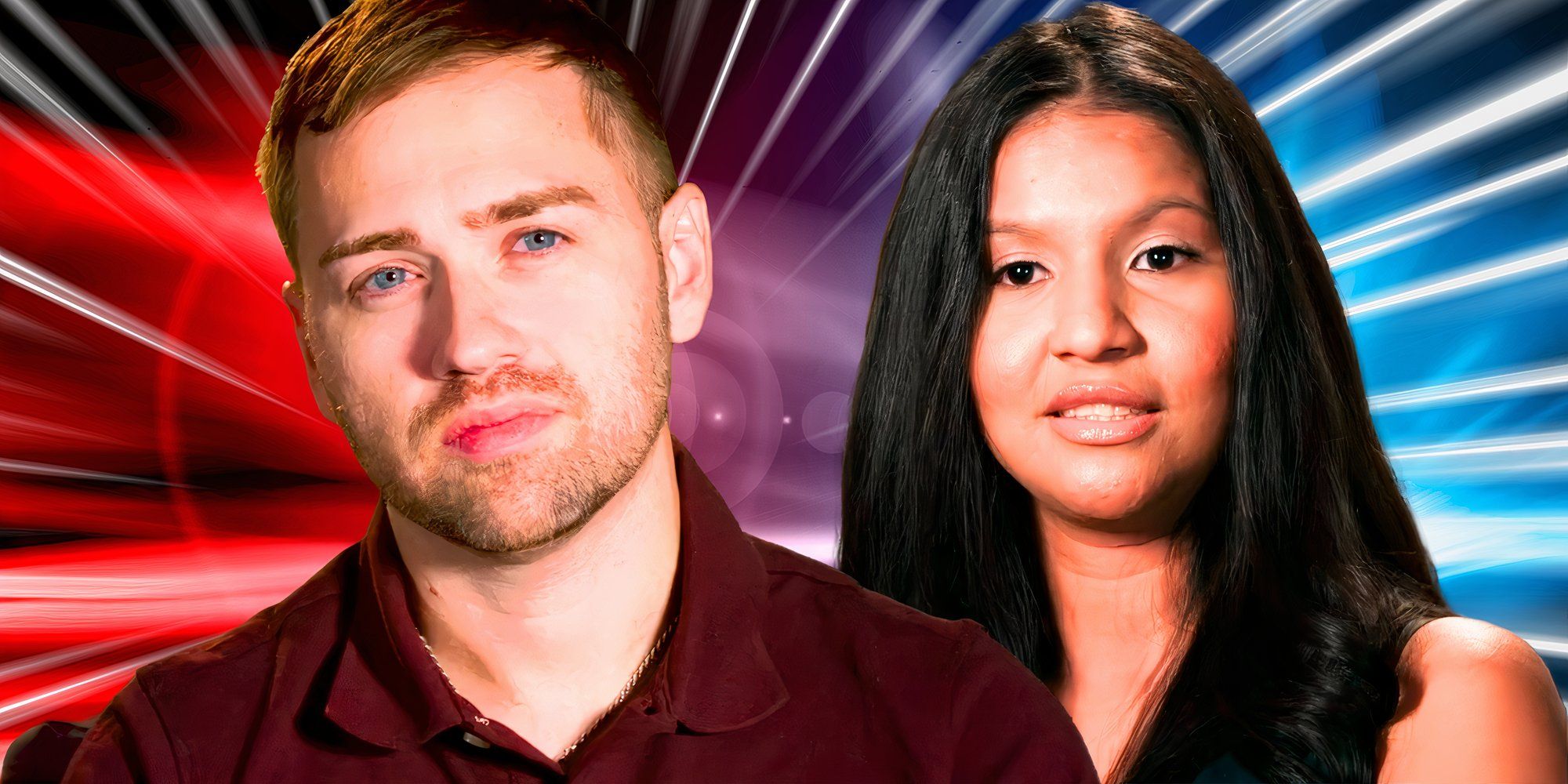90 day fiance stars paul staehle and karine martins in somber montage with red and blue background