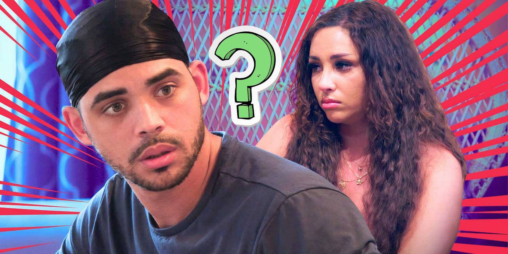 90 day fiance stars rob warne and sophie sierra in montage with question mark and red lines