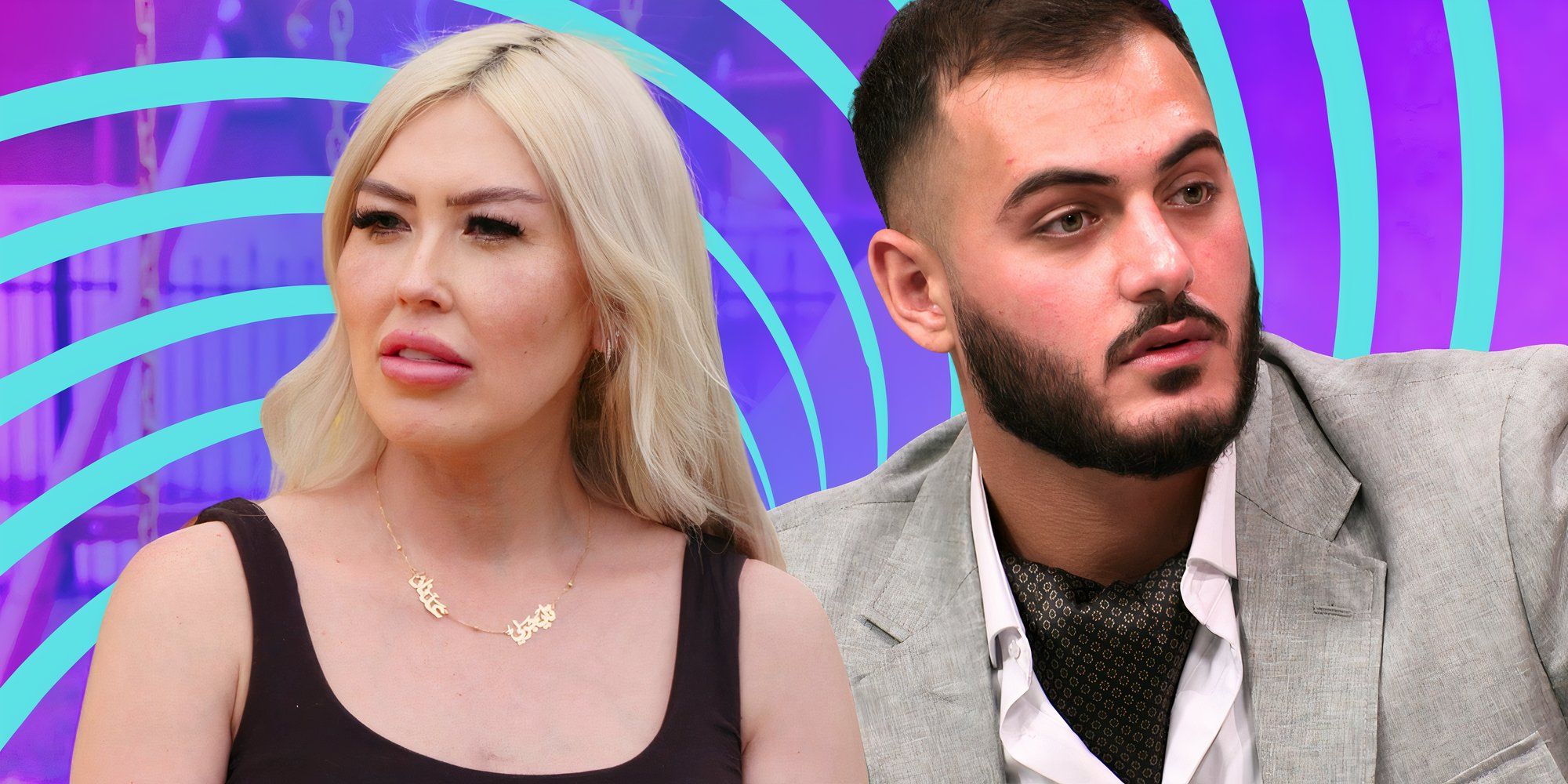90 day fiance stars tigerlily taylor and adnan abdelfattah in montage looking serious with circle background