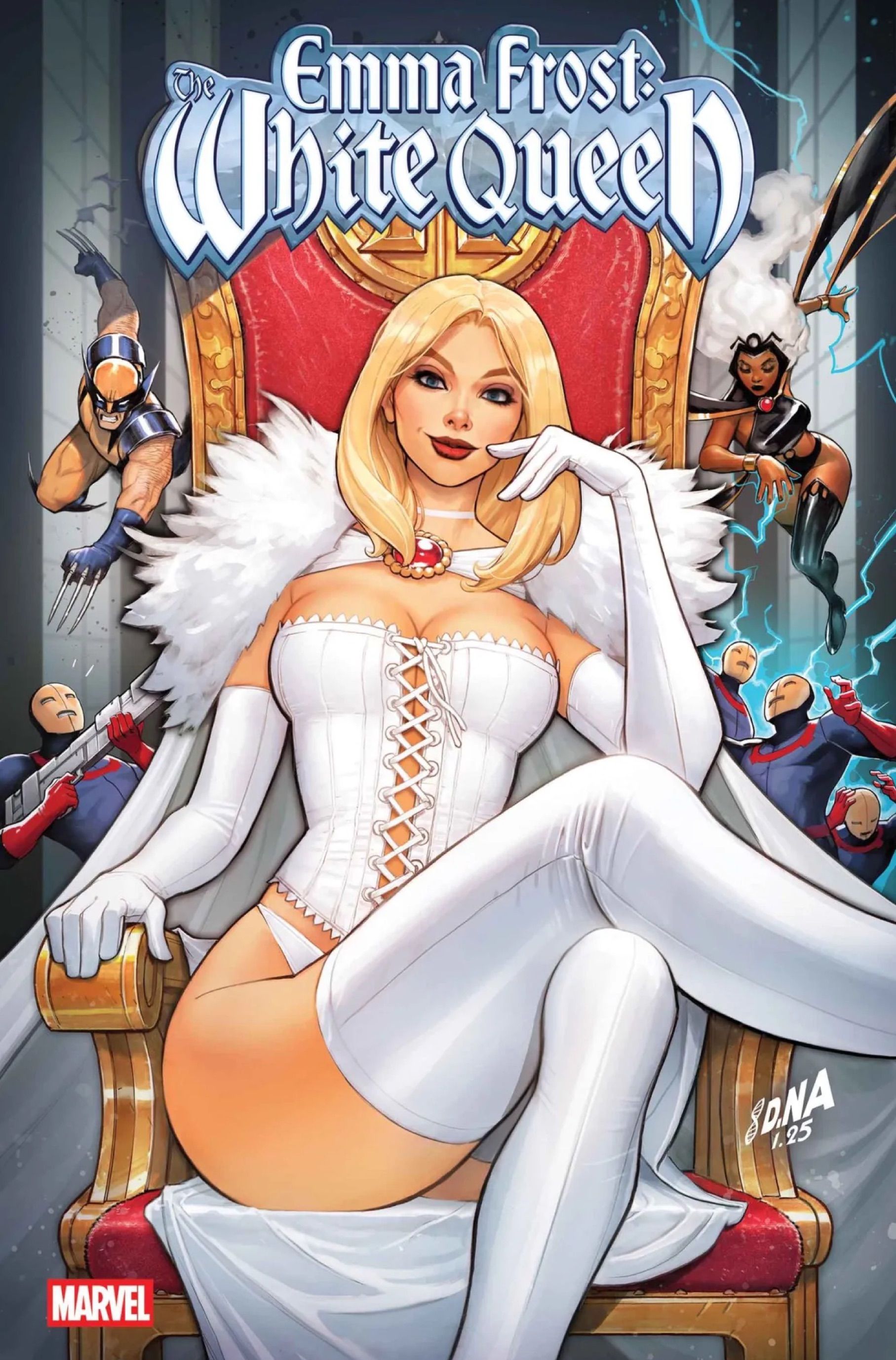 Emma Frost: The White Queen cover by David Nakayama - Storm, Wolverine, and henchmen fight behind Emma on her throne