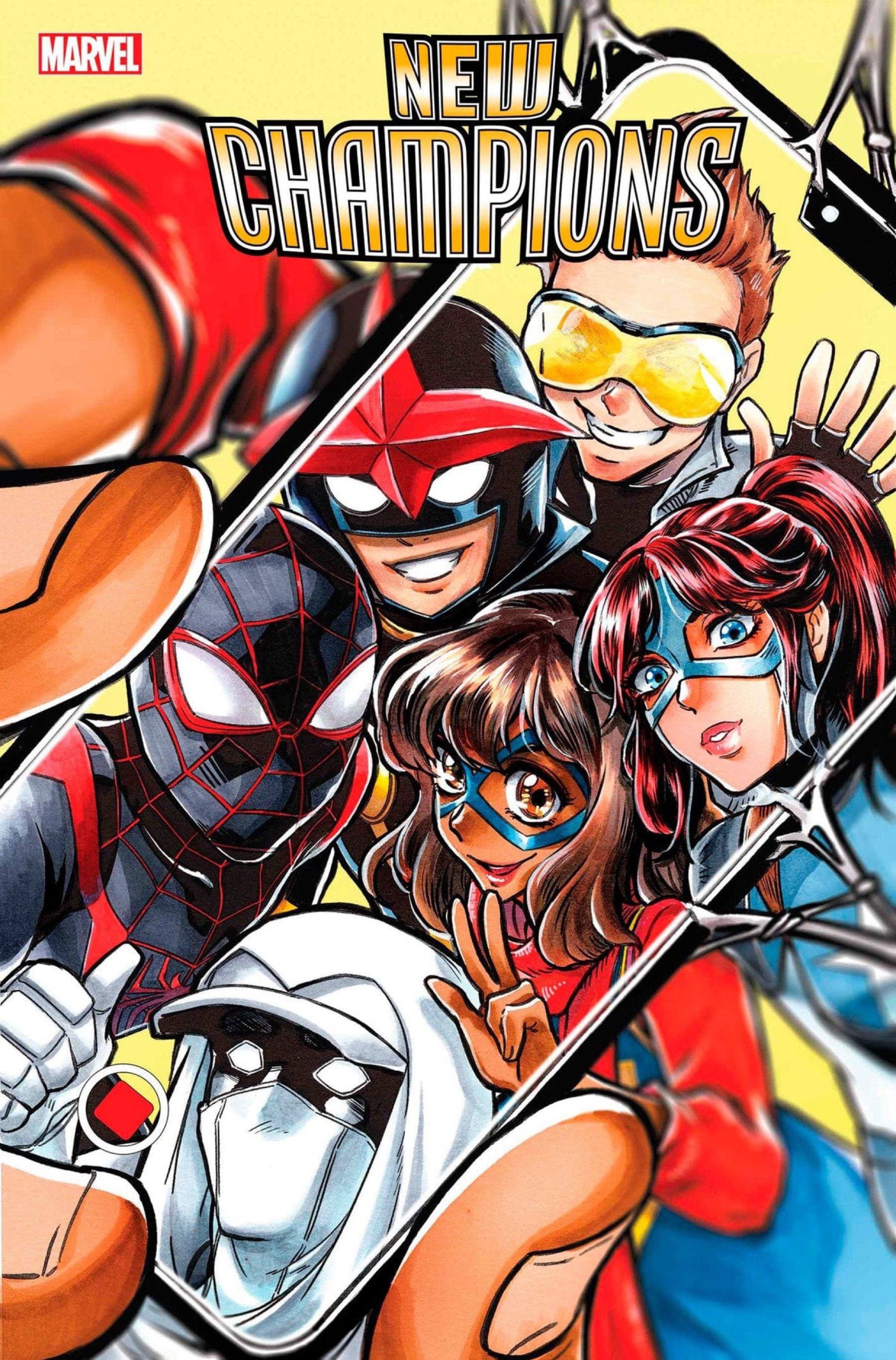 New Champions #3 variant cover by Saowee - selfie with Spider-Man, Nova, Ms Marvel, Moon Squire, Liberty, Cadet Marvel