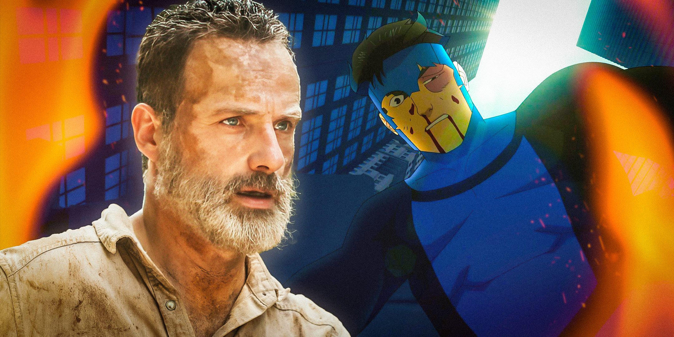 Andrew Lincoln as Rick Grimes in The Walking Dead next to an injured Mark Grayson looking concerned in Invincible