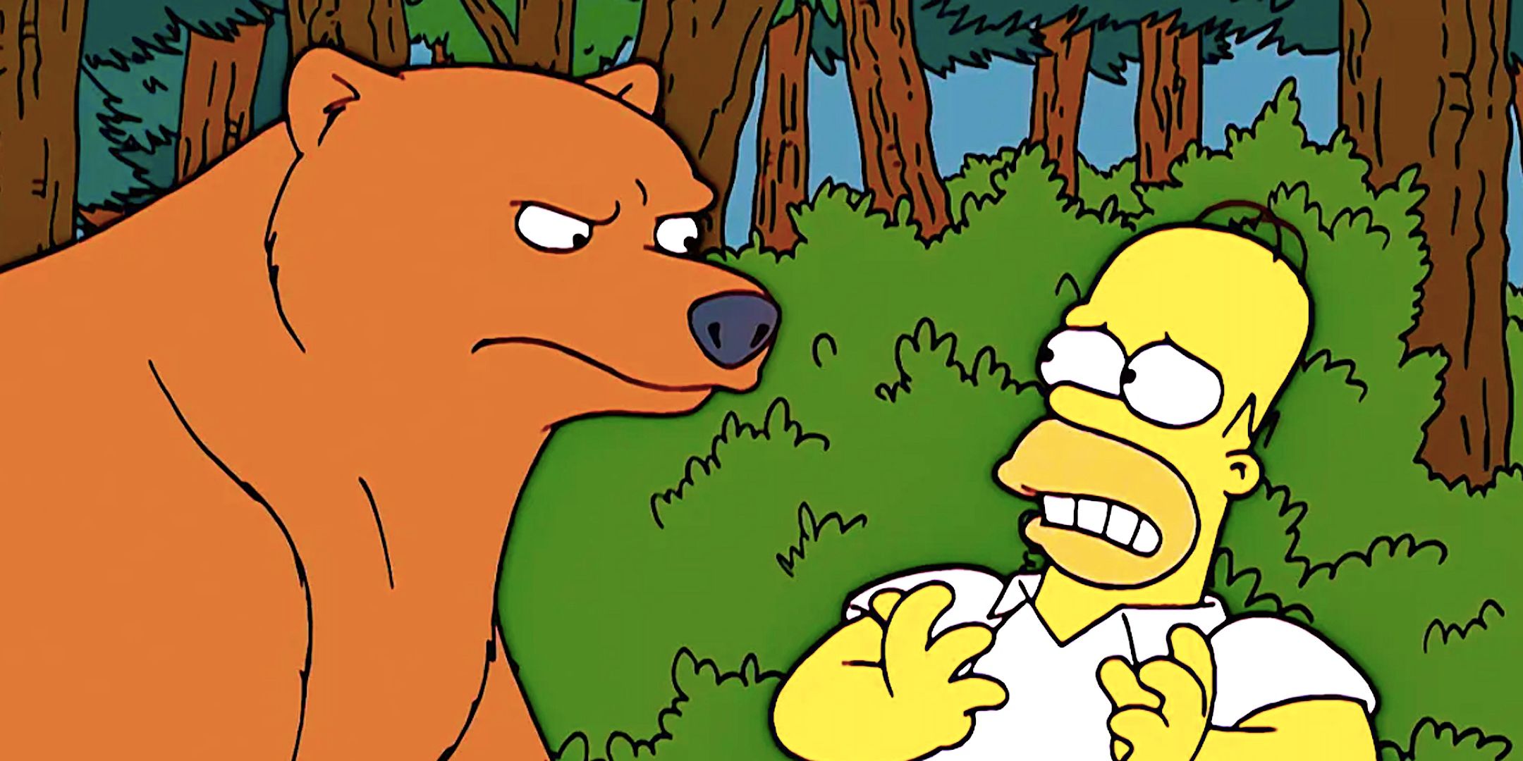 A bear frowns at a fearful Homer in The Simpsons season 15 episode 5