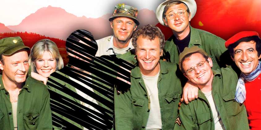 A cast photo of MASH where Alan Alda's Hawkeye X-ed out