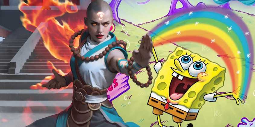 A character from Magic The Gathering's Tarkir Dragonstorm set next to key art for its Spongebob set