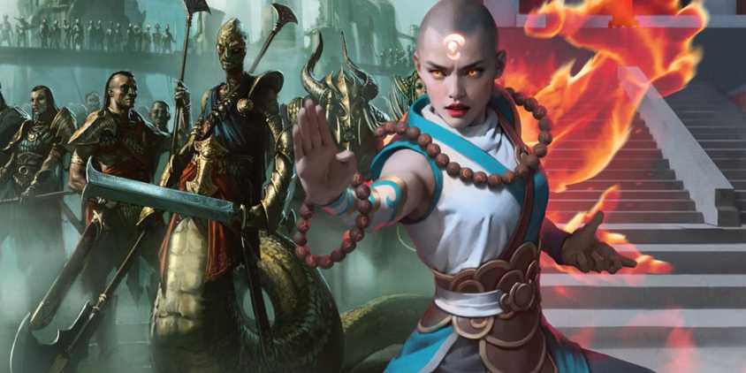 A character in art from Magic The Gathering's upcoming Tarkir Dragonstorm set over an image of Sultai Ascendancy card art from Khans of Tarkir