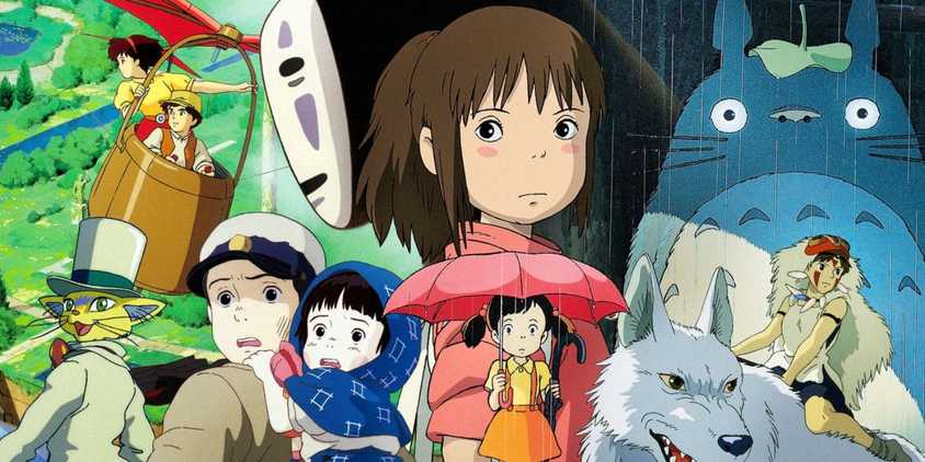 A collage of all of the Studio Ghibli movies - The Wind Rises, The Cat Returns, Grave of the Fireflies, Spirited Away, My neighbor Totoro, and Princess Mononoke