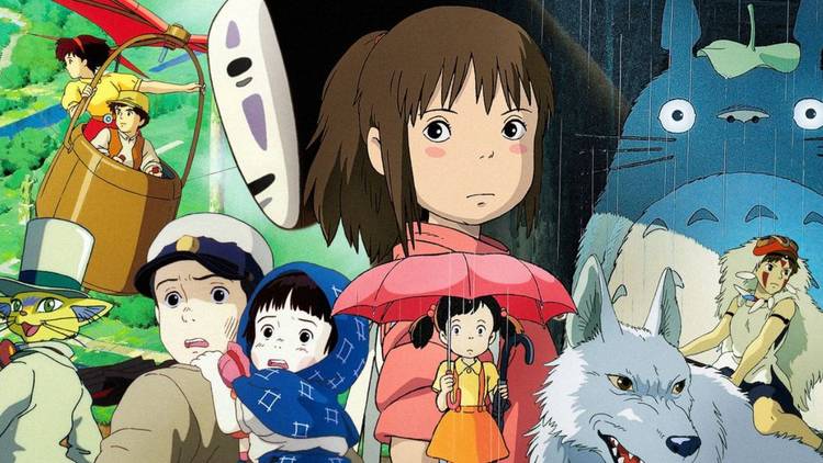 Un collage de tous les films du Studio Ghibli - Le Vent se lève, Le Royaume des chats, Le Tombeau des lucioles, Le Voyage de Chihiro, Mon voisin Totoro et Princesse Mononoké