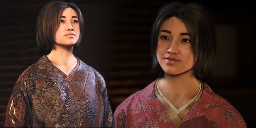 A collage of images showing Naoe in her red and black silk kosode in Assassin's Creed Shadows.