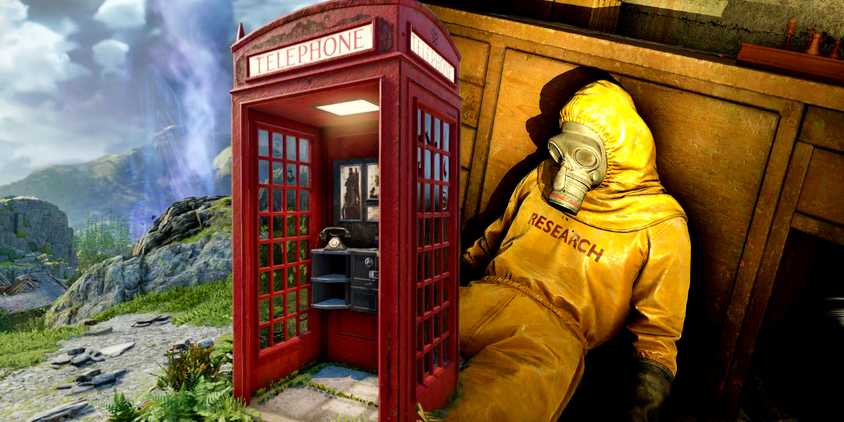 A dead scientist in Atomfall next to one of the game's red telephone booths.