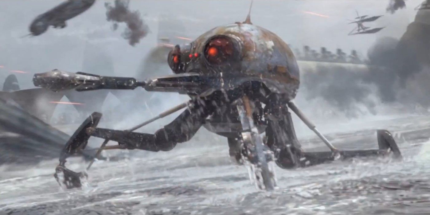 A DSD1 Dwarf Spider Droid fights on Kashyyyk in Star Wars Revenge of the Sith