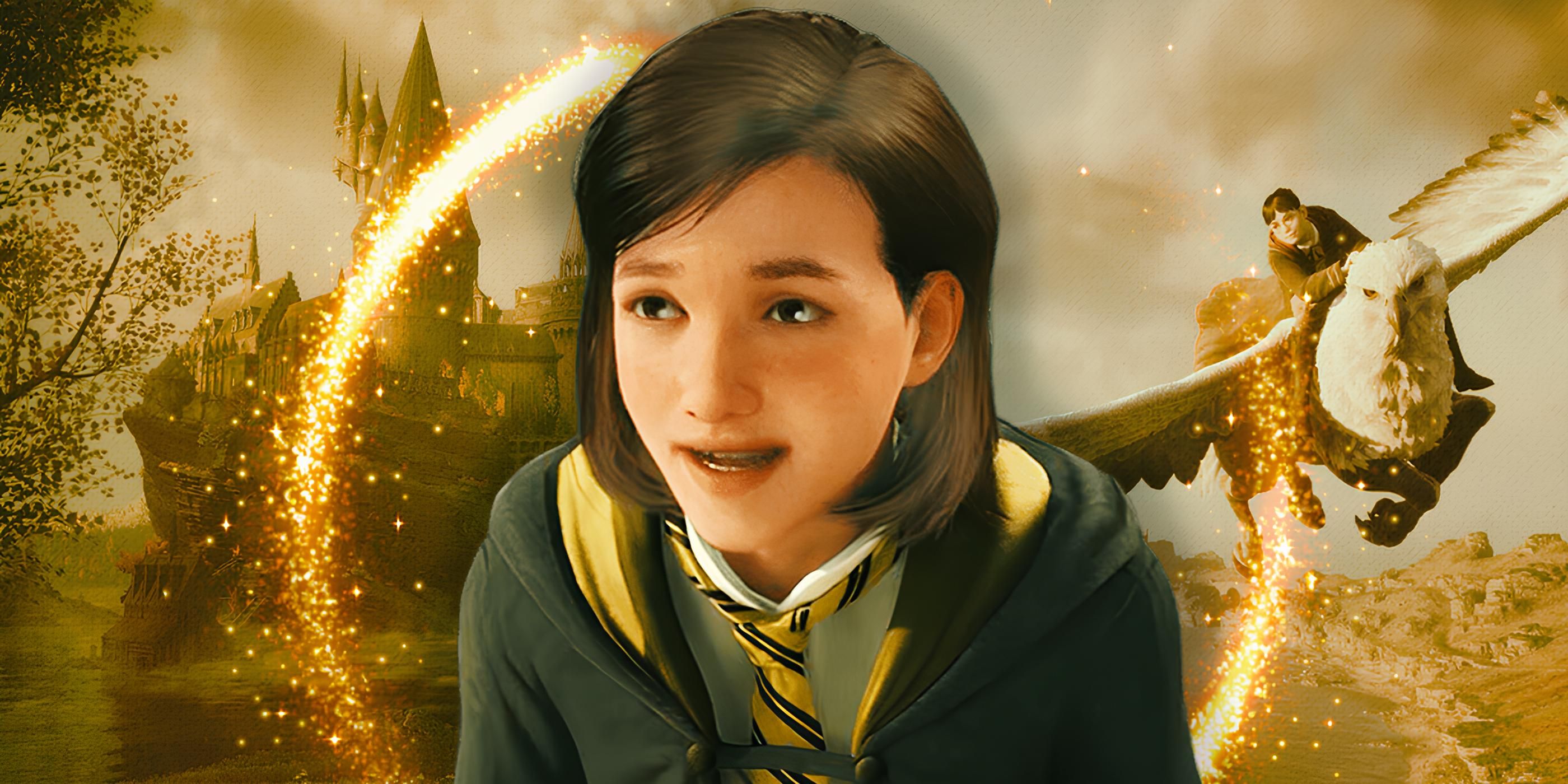 A Female Hufflepuff Character Riding a Hippogriff in Hogwarts Legacy in Front of a Portal and Hogwarts