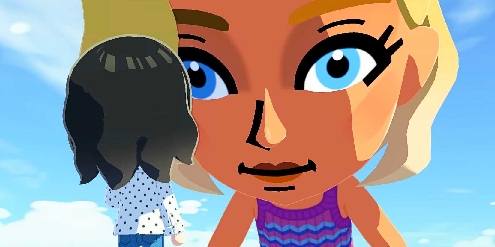 A giant Mii looming over another, much smaller Mii in the Tomodachi Life Living The Dream trailer.