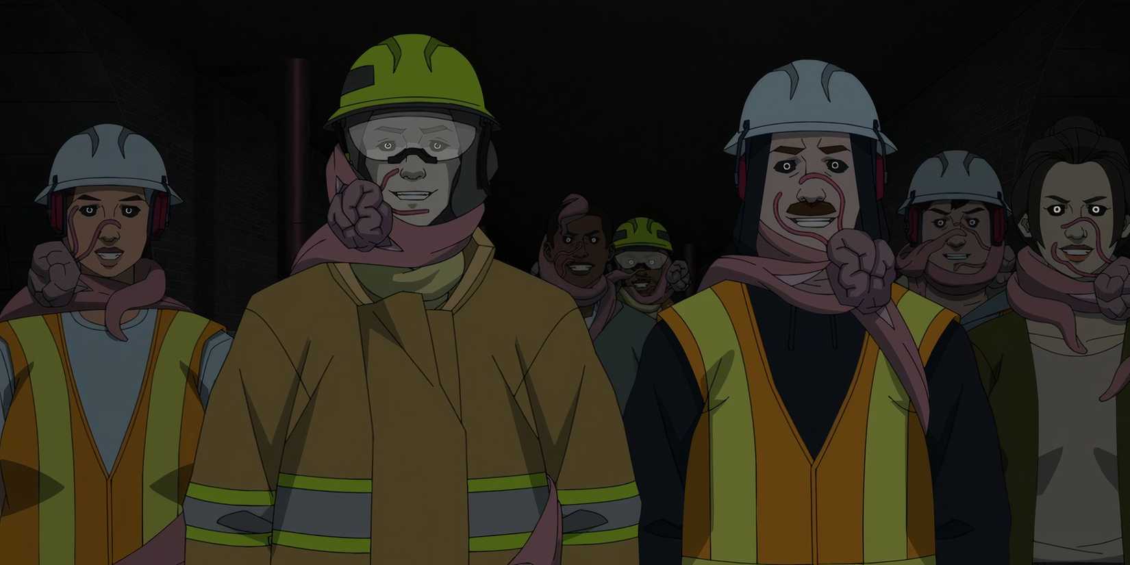 A group of workers being possessed by sequids in Invincible season 3