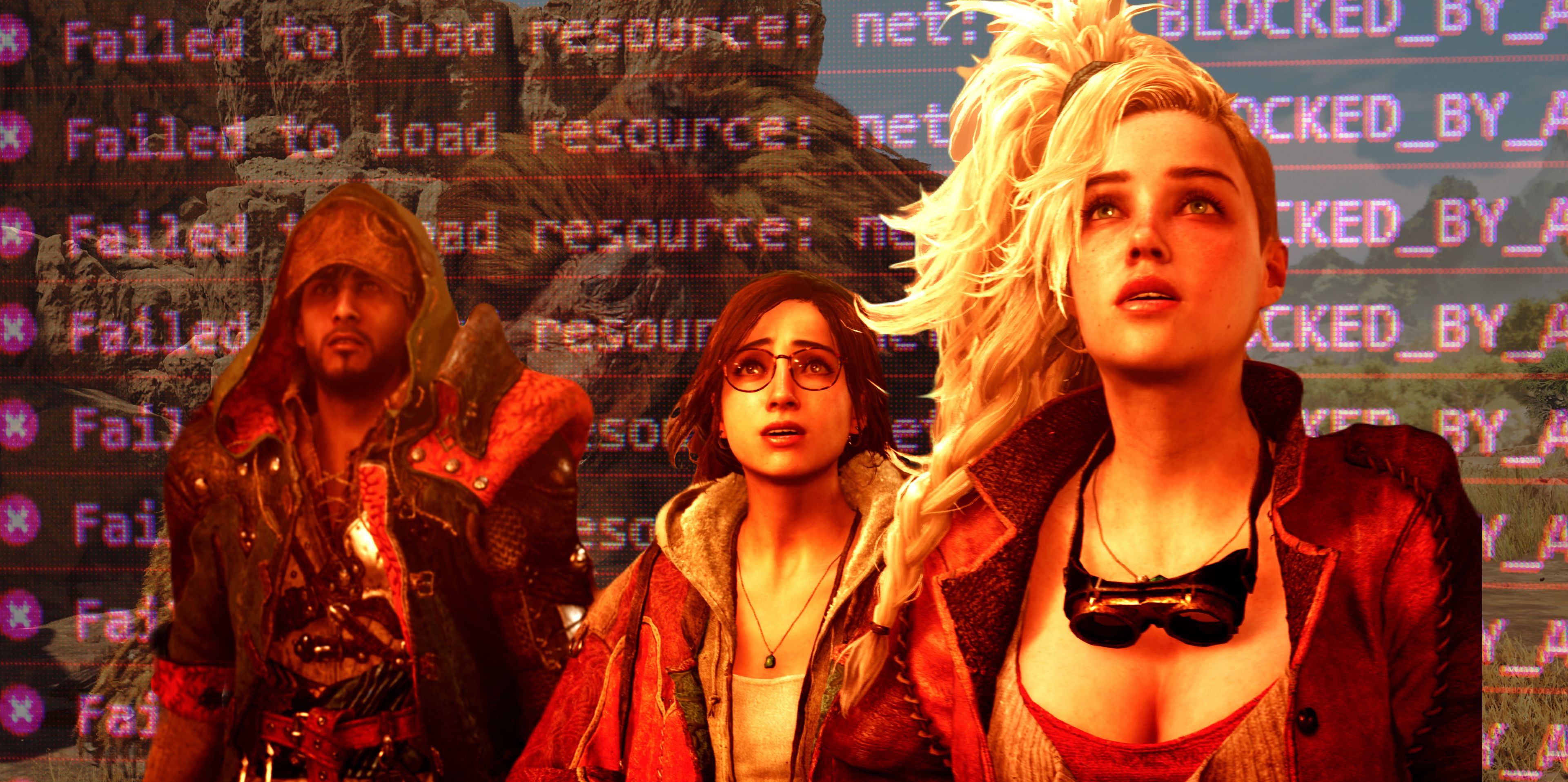 A hunter, Alma, and Gemma looking up in awe at an error message in an edited screenshot from Monster Hunter Wilds.-1