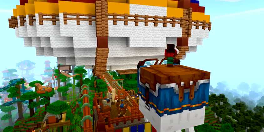 A Minecraft plyaer riding an overworld Ghast looking at a creation