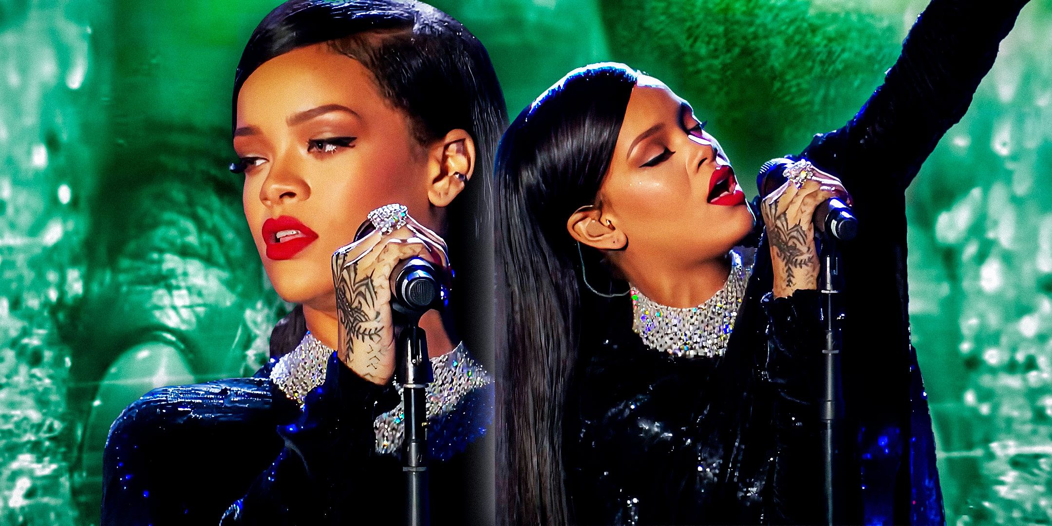 Rihanna performs live in a black dress, edited over her hand in the