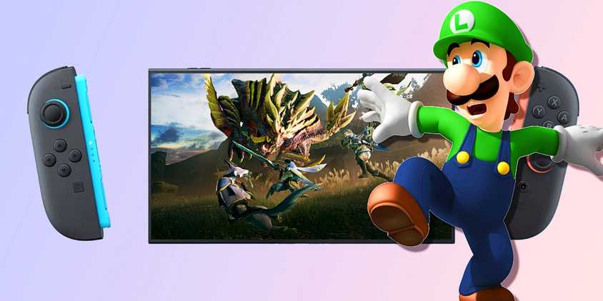 A scared Luigi next to a Switch 2 showing key art from Monster Hunter Rise.