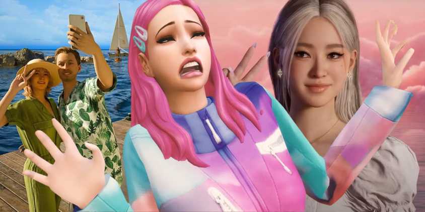 A sim looking disgusted over images of InZOI
