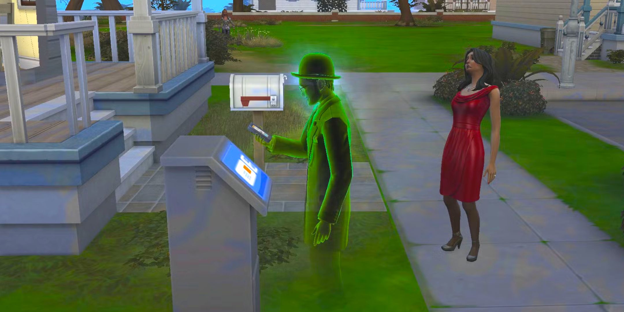 A Sim paying at a small business kiosk in The Sims 4