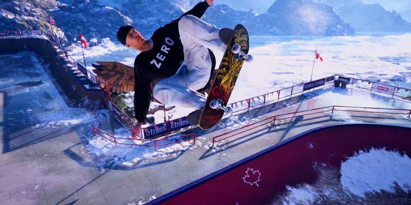 A skater performing a high-flying trick on an icy course in a screenshot from the Tony Hawk's Pro Skater 3 and 4 remake trailer.