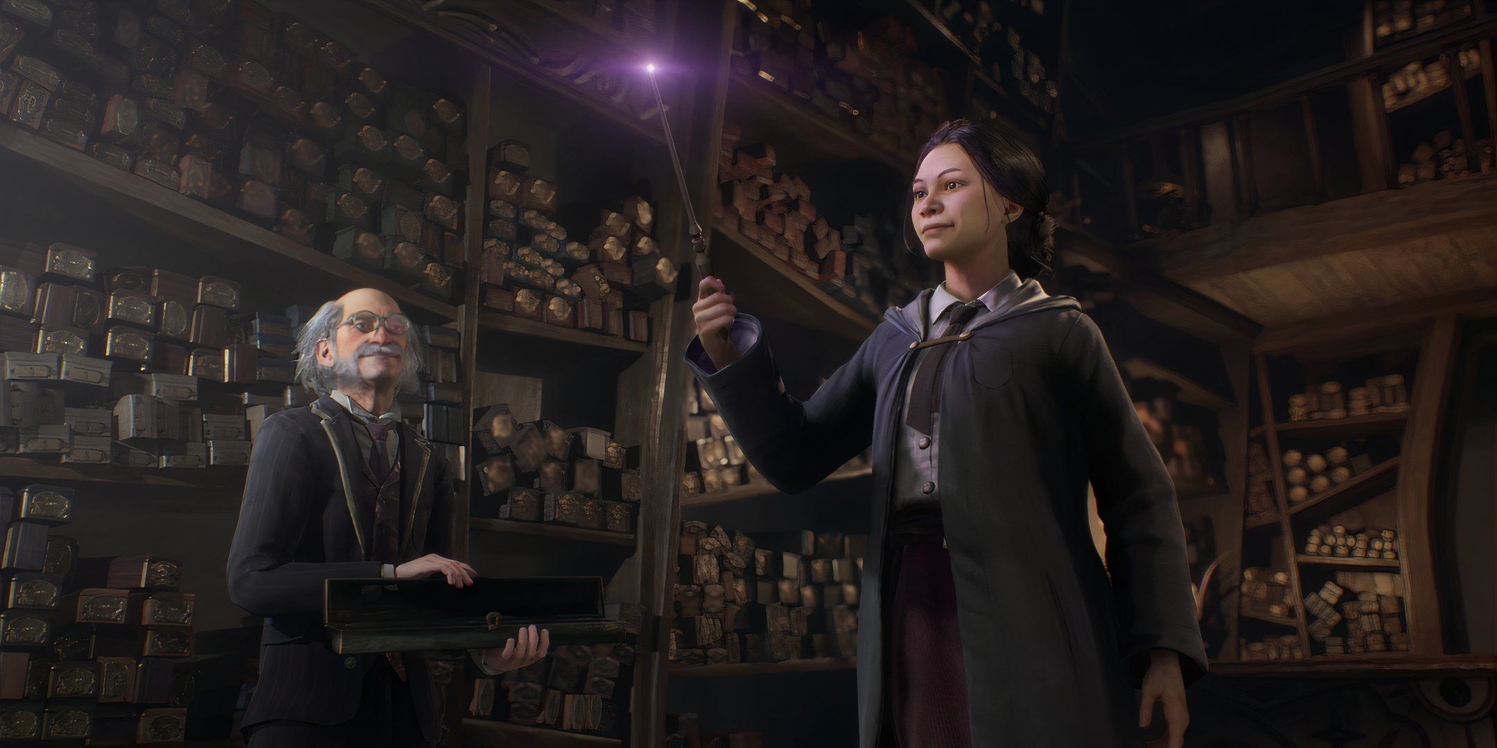 A student from Hogwarts Legacy holds a wand next to Oliverander.