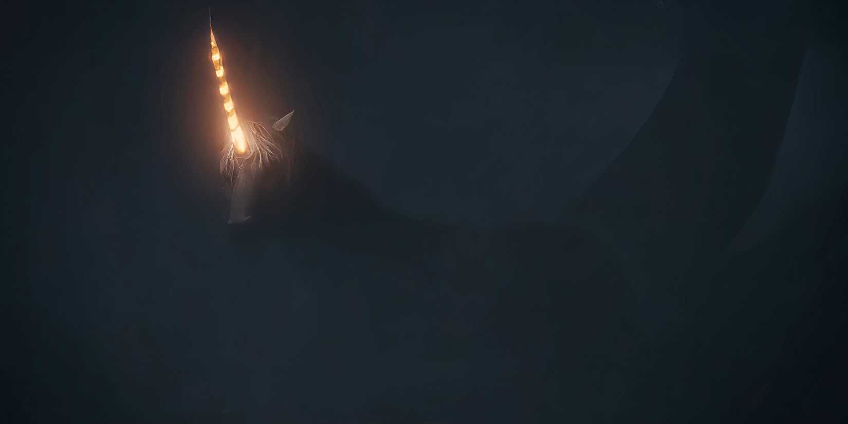 A unicorn with a glowing horn standing in the fog in Death of a Unicorn