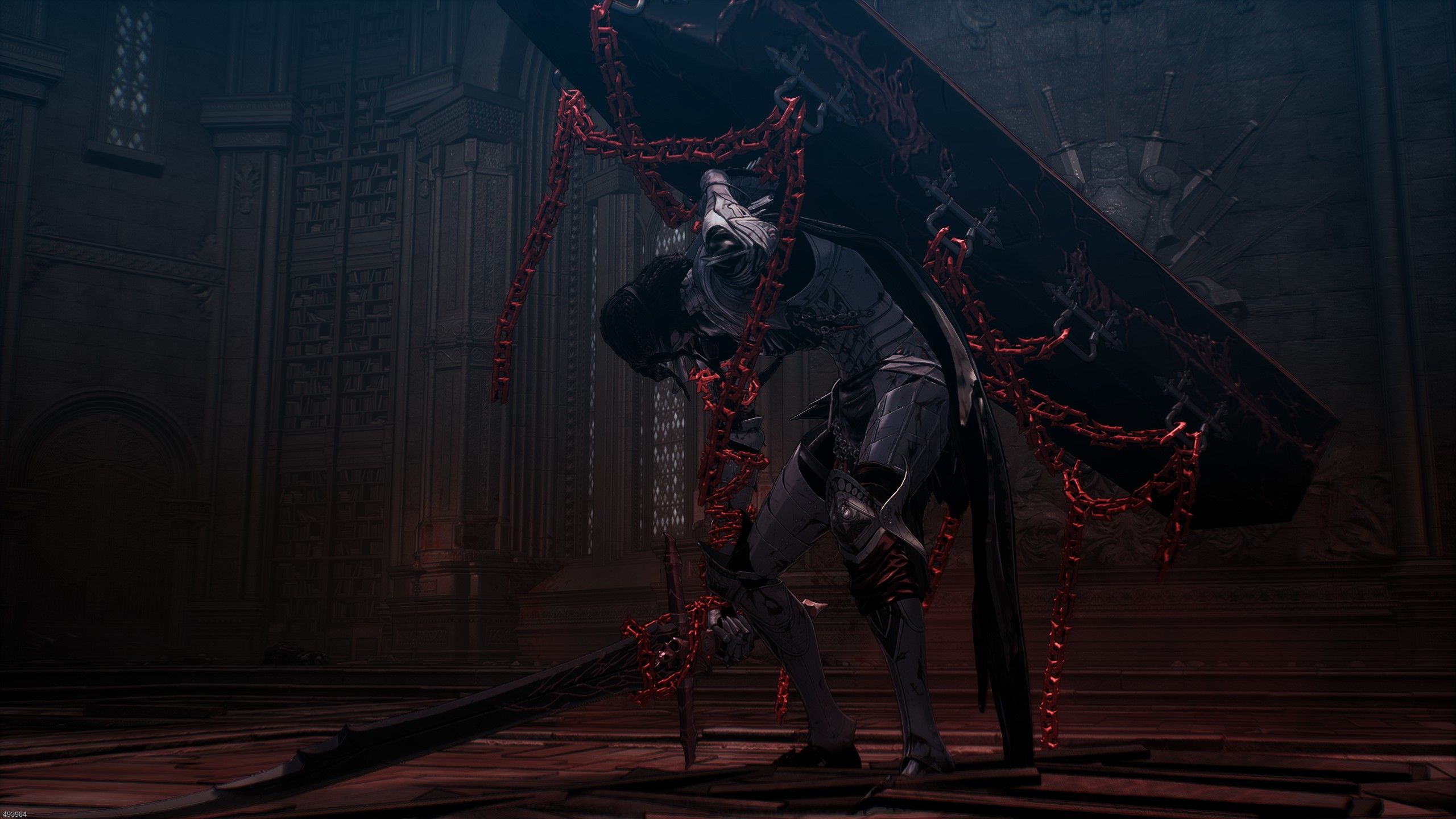 A view of The First Berserker Khazan boss Skalpel, a ghoulish demon chained to a coffin and wielding a longsword
