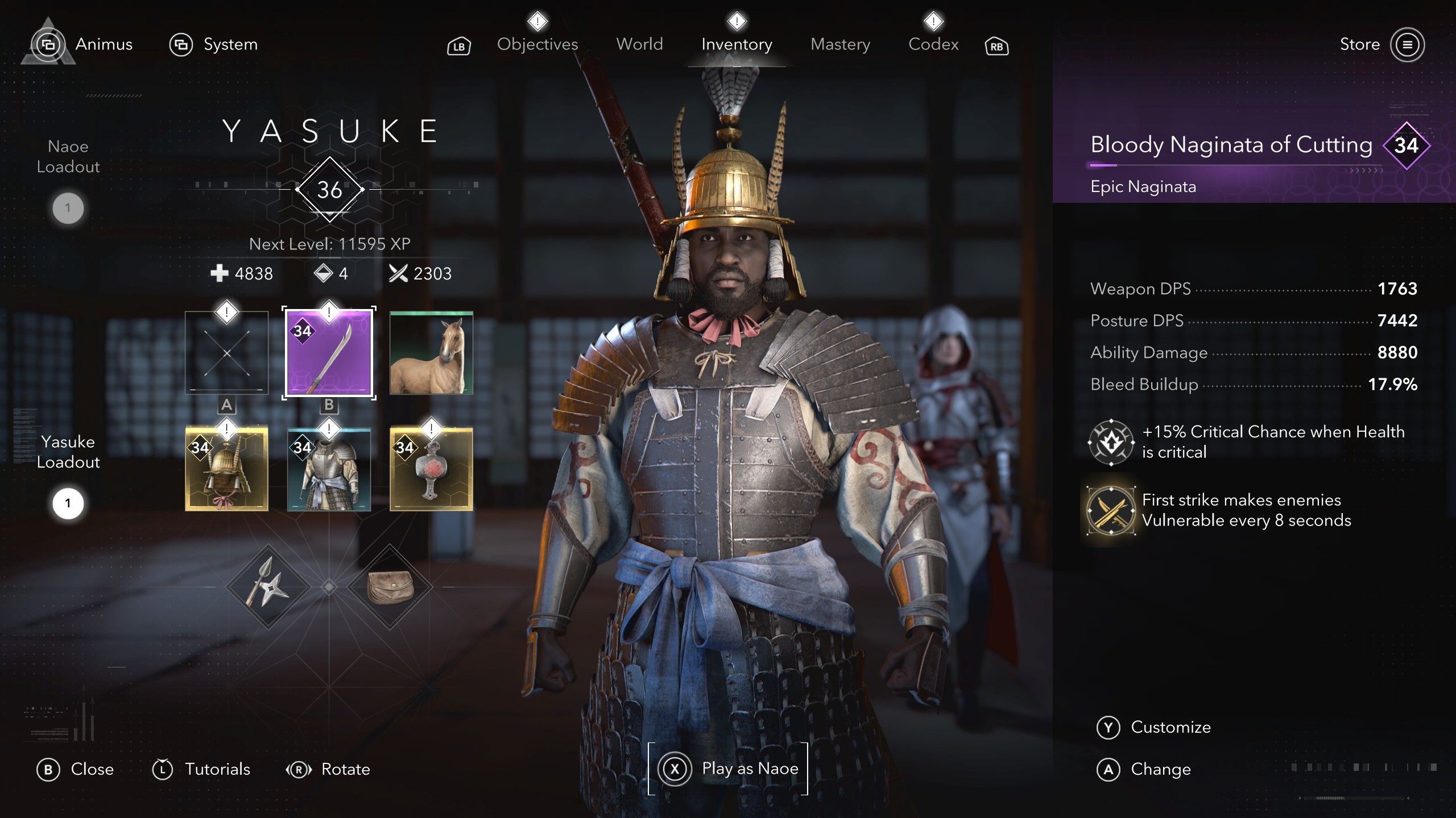 A view of Yasuke&rsquo;s gear screen in Assassins Creed Shadows