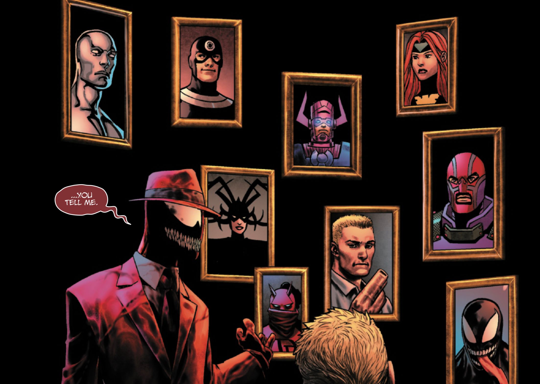 Eddie Brock Carnage #1 by Soule and Saiz - Carnage shows potential new hosts, including Jean Grey, Daredevil, Galactus
