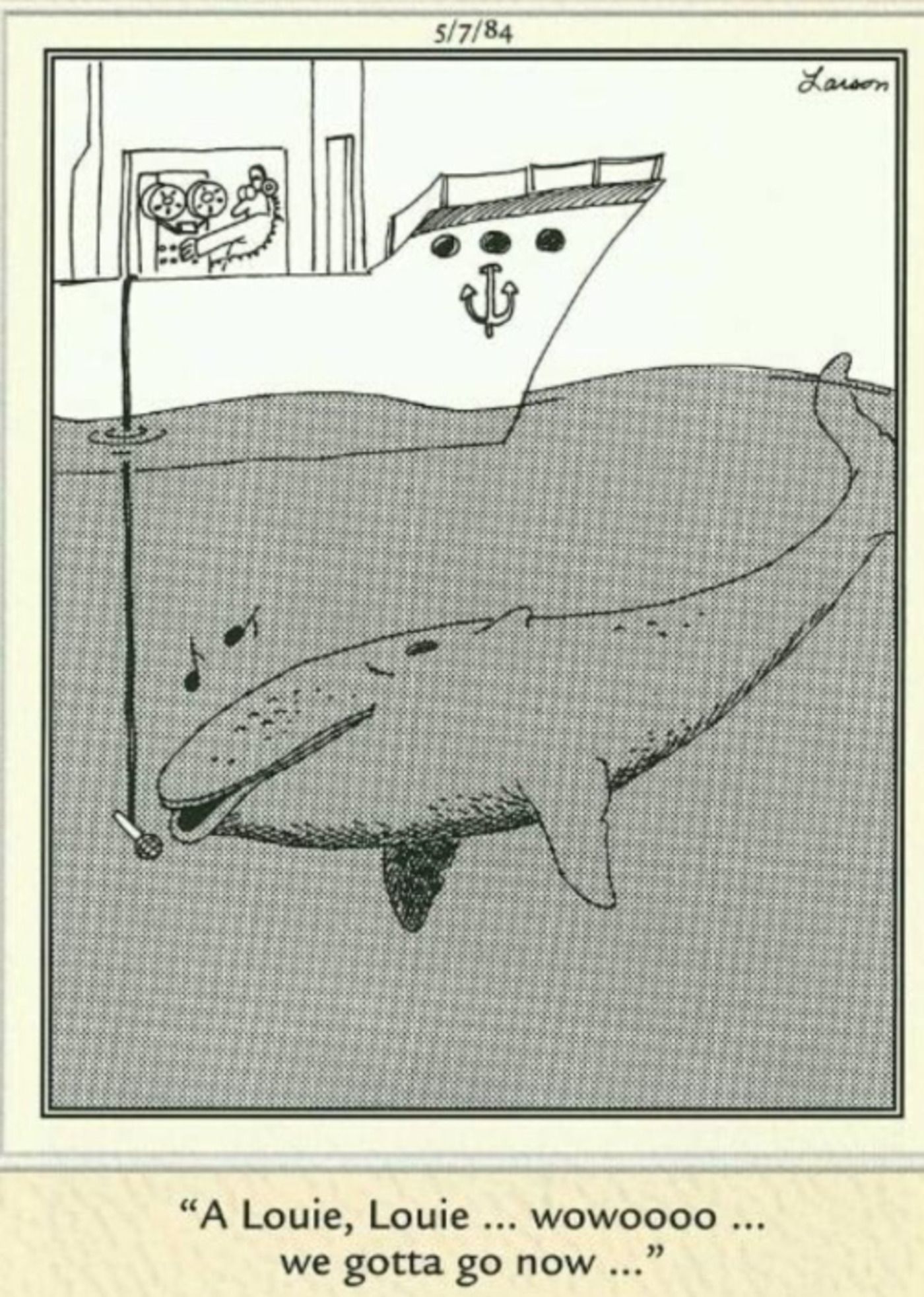 Far Side, a whale singing into a microphone.