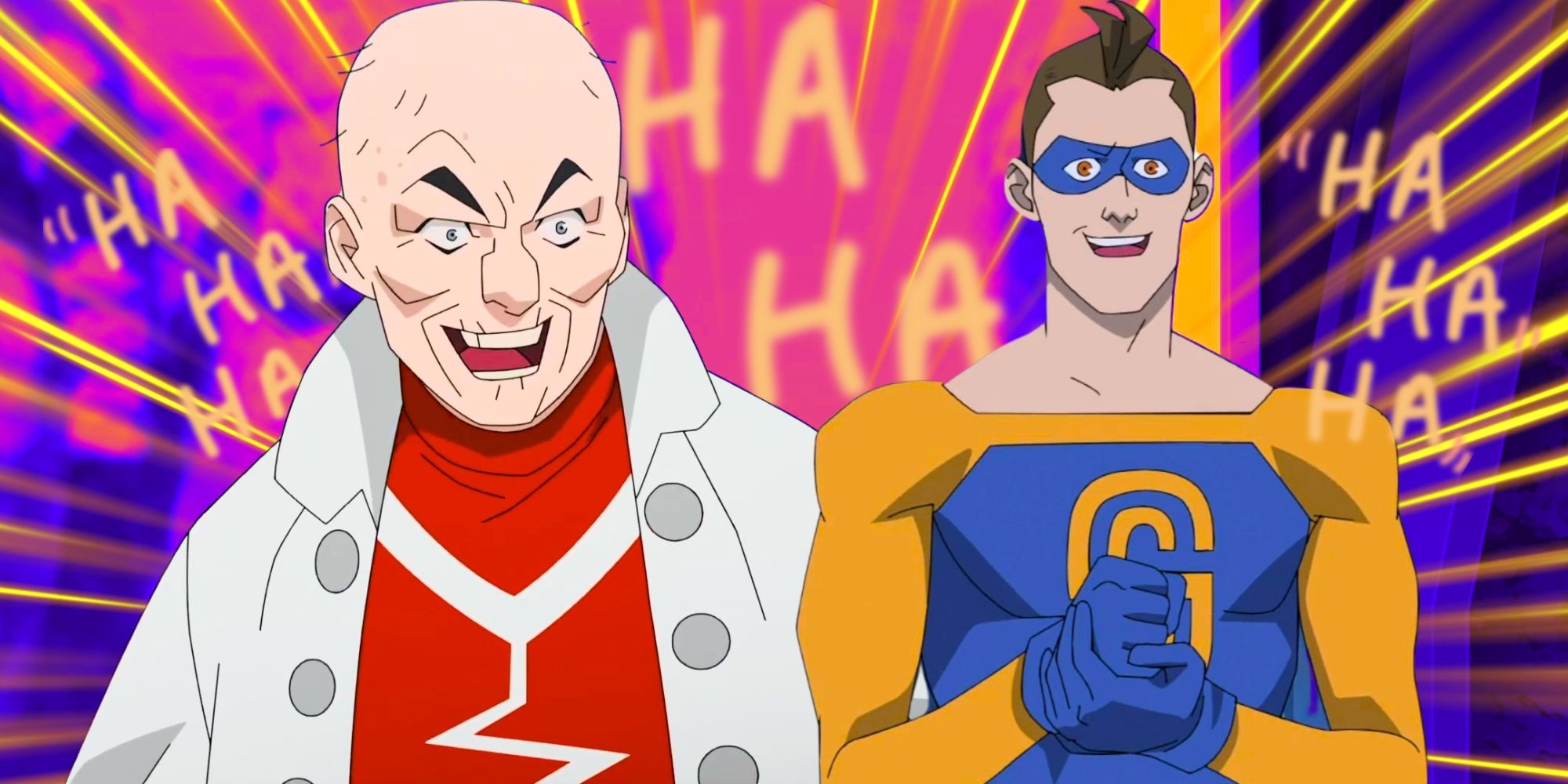Doc Seismic and Shapesmith standing and smiling in Invincible with text of laughter behind them