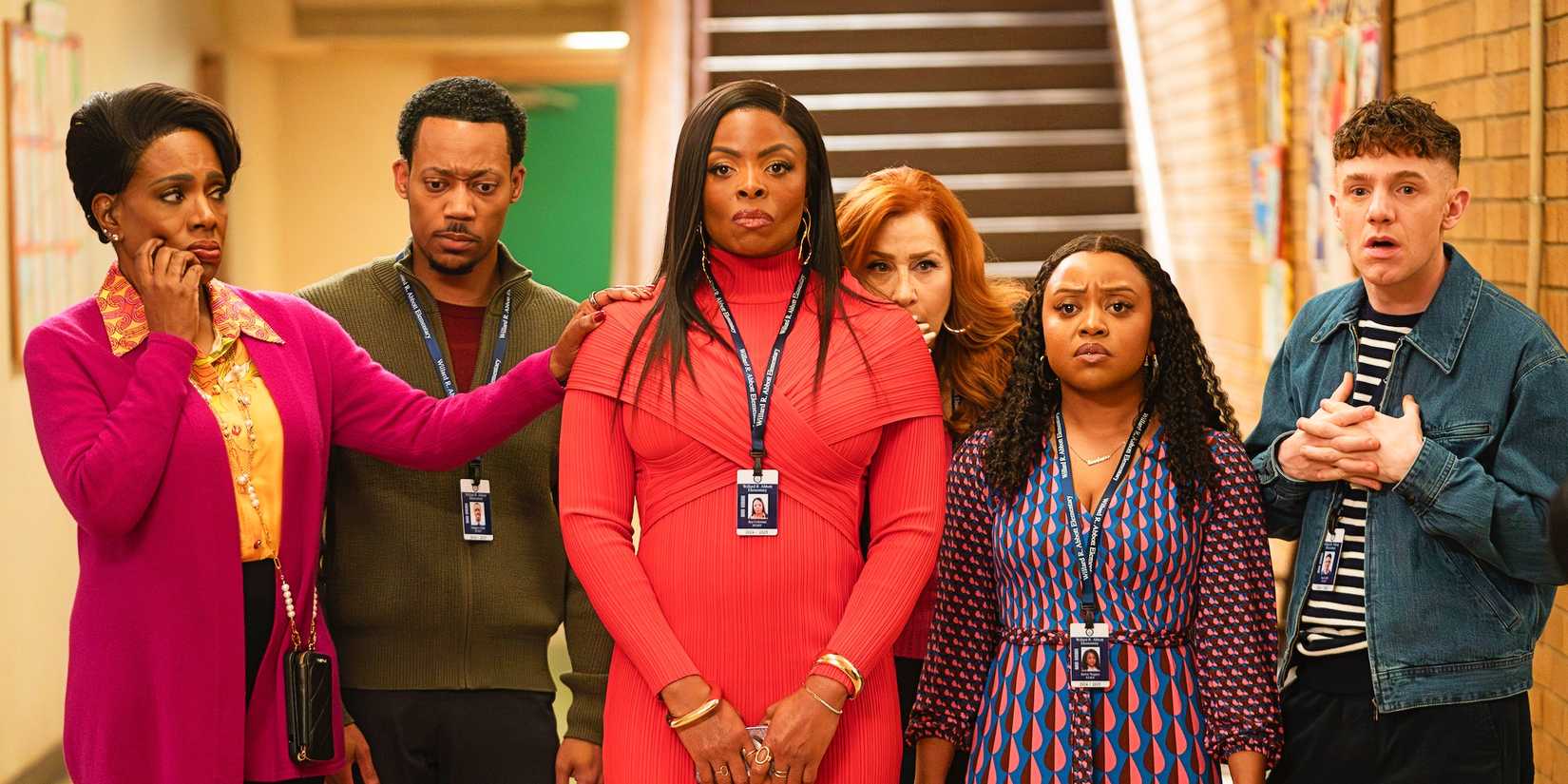 Barbara Howard (Sheryl Lee Ralph), Gregory Eddie (Tyler James Williams), Ava Coleman (Janelle James), Melissa Schemmenti (Lisa Ann Walter), Janine Teagues (Quinta Brunson), and Jacob Hill (Chris Perfetti) standing in a line in Abbott Elementary season 4, episode 18.