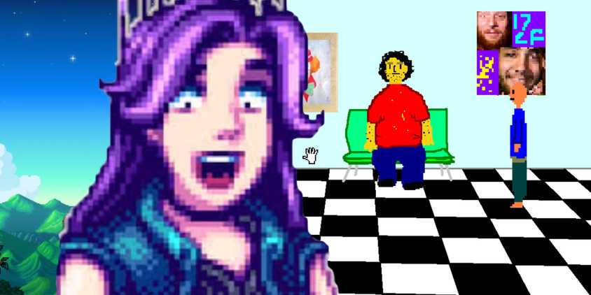 Abby from Stardew Valley looking surprised over an image from 17CF