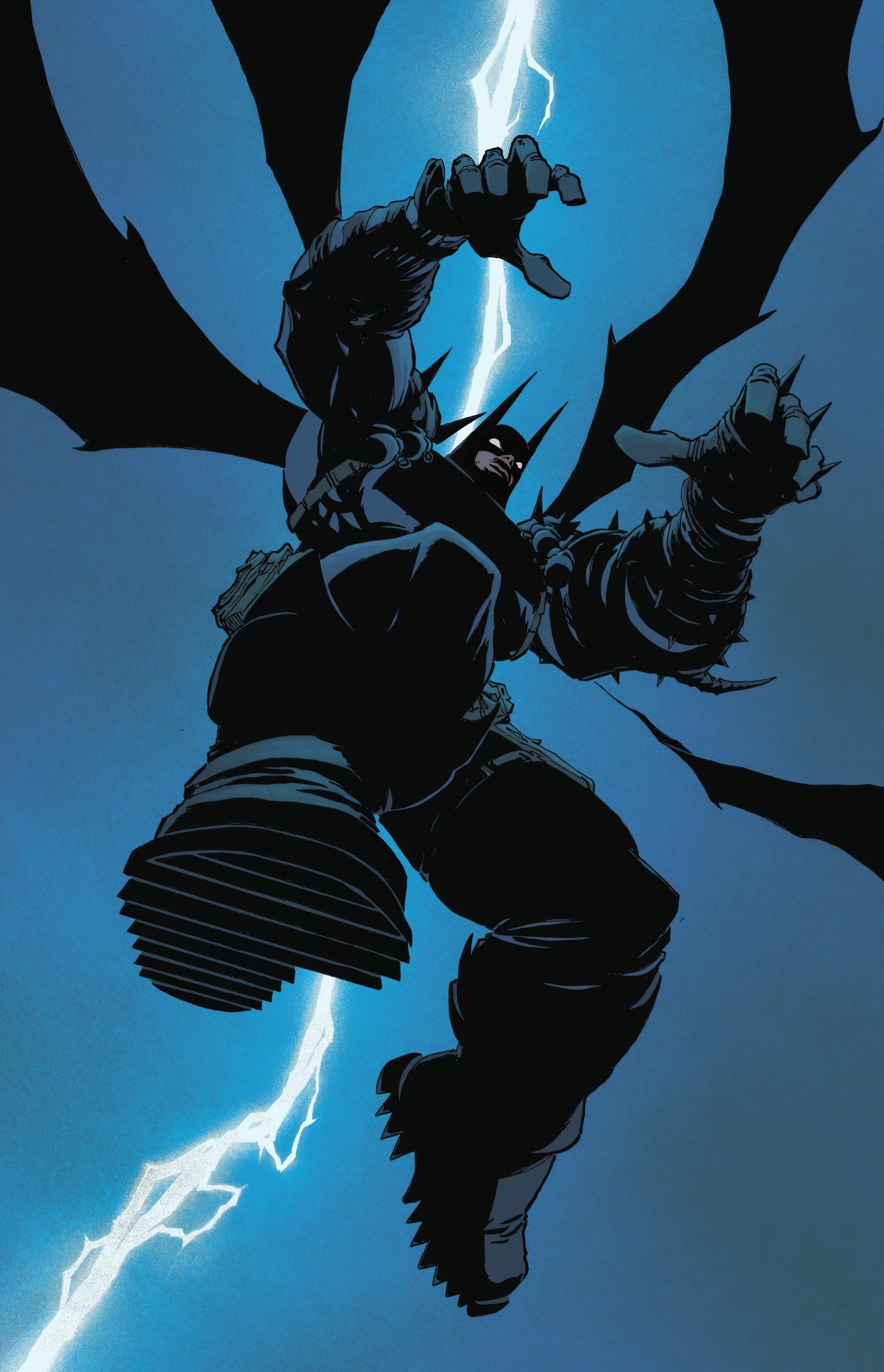 Batman drops through the sky in heavy boots and armor, with a Frank Miller-style lightning bolt behind him.